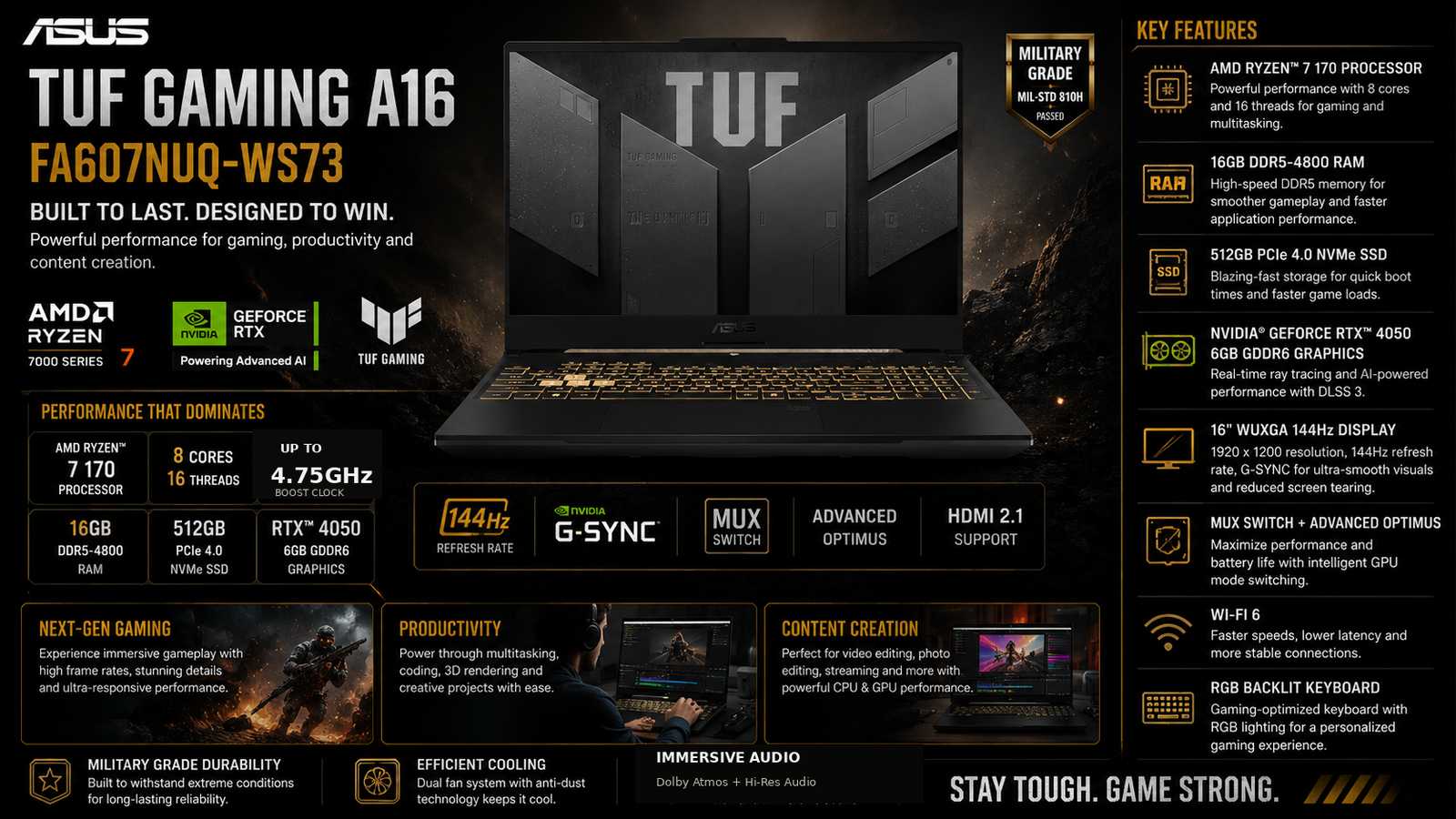 ASUS TUF Gaming A16 FA607NUQ-WS73 Gaming Laptop, AMD Ryzen 7 170, 16GB DDR5-4800, 512GB PCIe 4.0 SSD, NVIDIA GeForce RTX 4050 6GB GDDR6, 16-inch WUXGA 144Hz G-SYNC Display, Windows 11 Home, Mecha Gray, English Keyboard | FA607NUQ-WS73